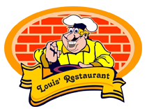 louis restaurant logo with yellow jacketed cook in front of brick wall