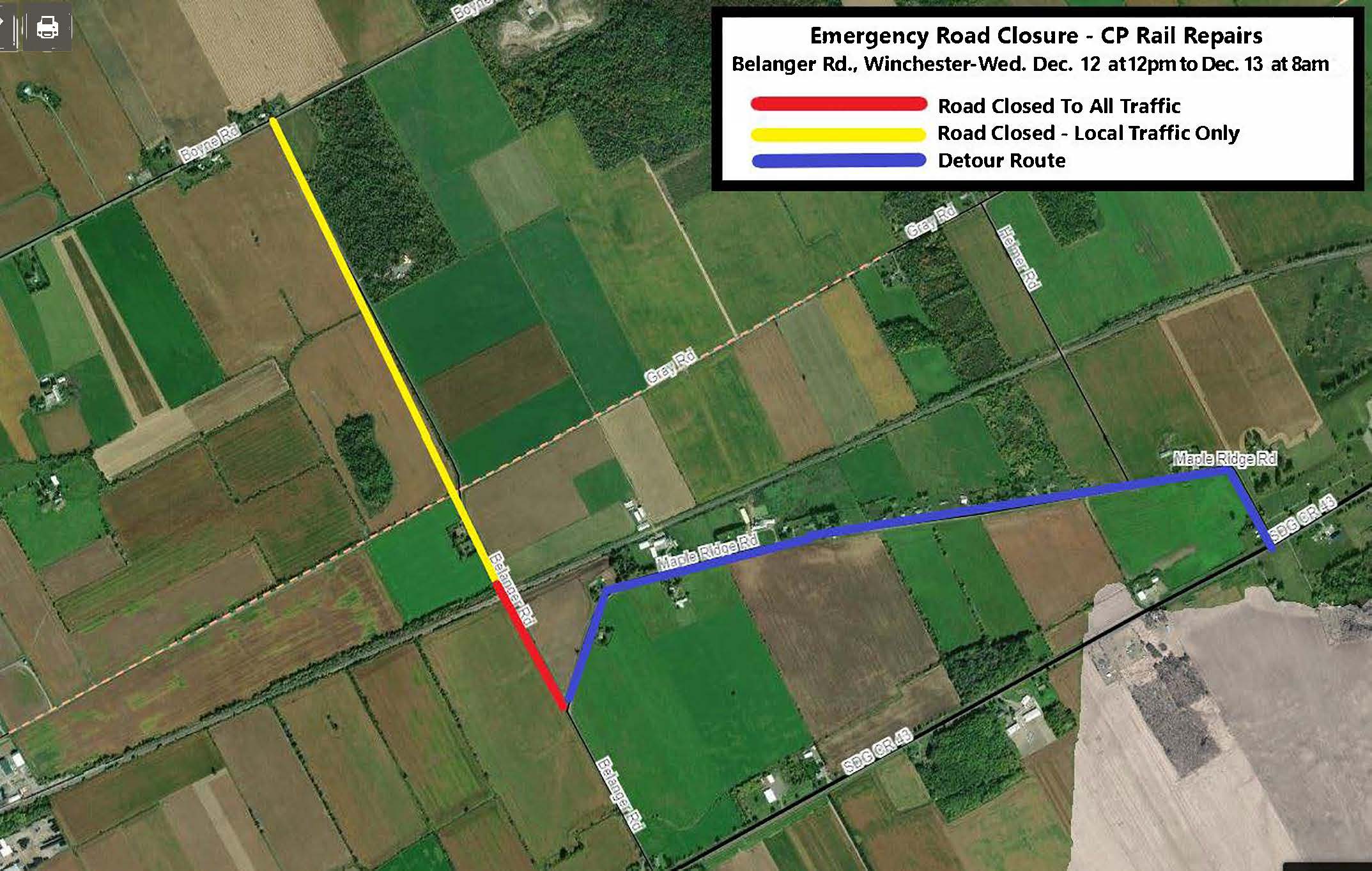 Belanger Road Closure Map Dec 12