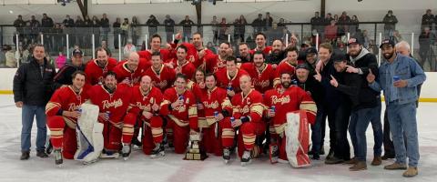 Senior Men's North Dundas Rockets Team photo in red jersey's